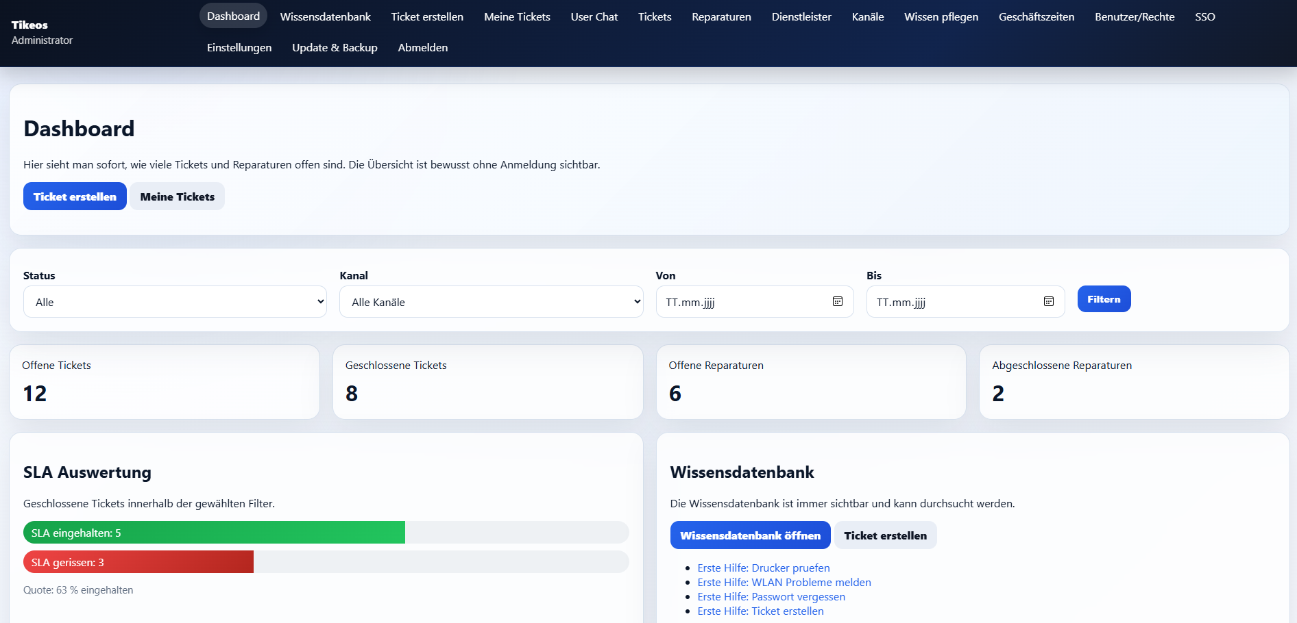 Screenshot zu Ticketsystem